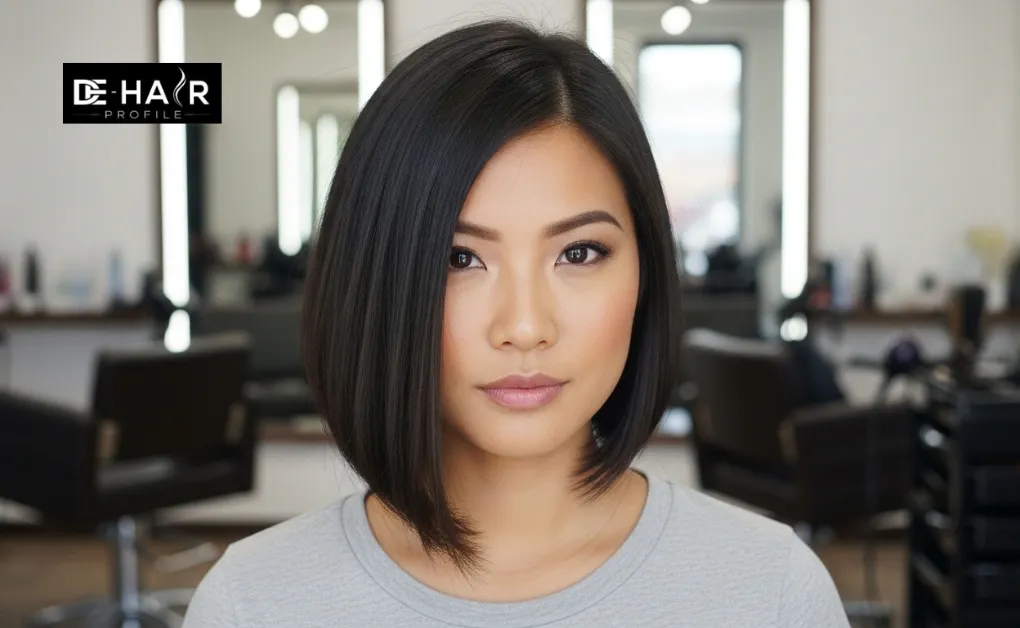 A sleek asymmetrical bob featuring a deep side parting and one side longer than the other for a modern, edgy vibe.