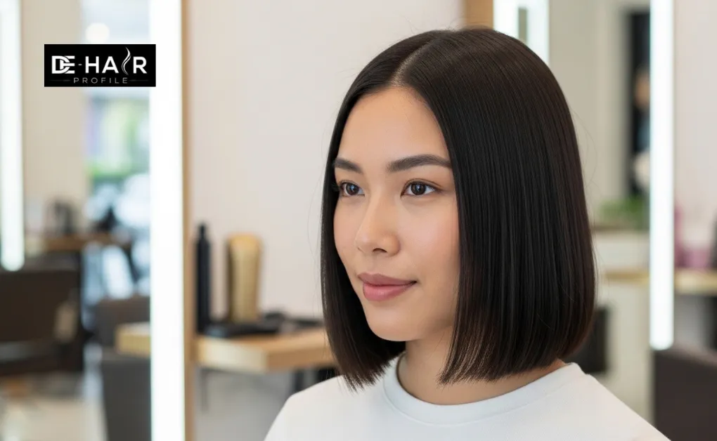 A polished blunt cut lob, one of the most versatile mid-length and shoulder-length hairstyles for straight hair.