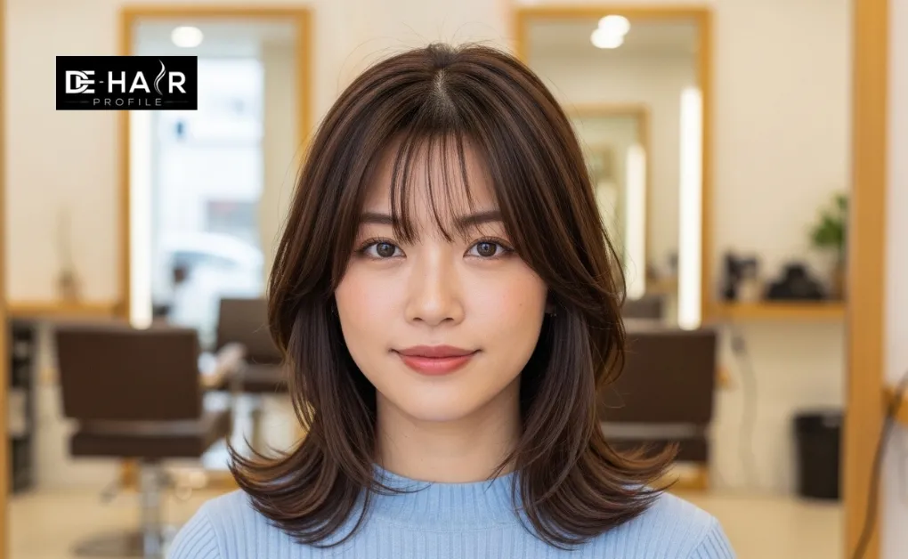 Shoulder-length hair with soft curtain fringe and face-framing layers, a top choice for shoulder-length hairstyles