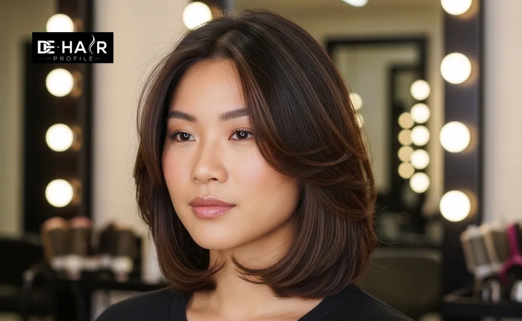 Chic shoulder-length cut with face-framing layers and soft curled-in ends for a voluminous look.