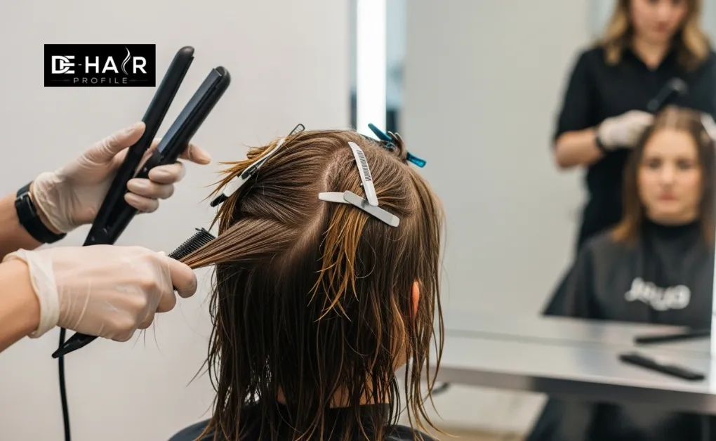 Professional hair stylist using a flat iron on sectioned hair to explain how hair rebonding works for a smooth finish.