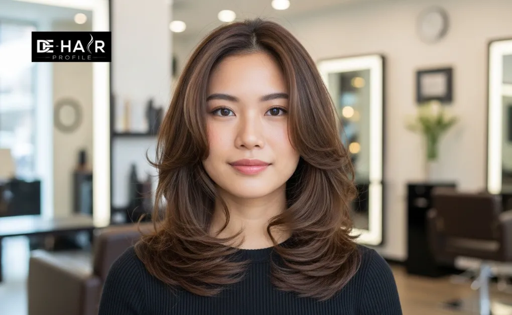 Woman with voluminous layered waves, a popular choice among medium-length female hairstyles for a chic, effortless look