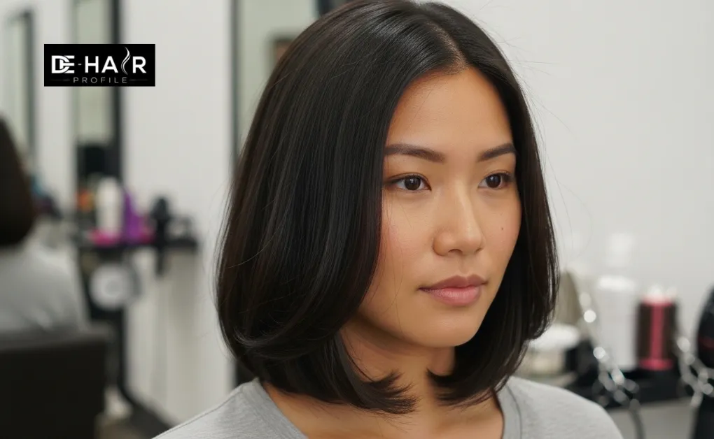 A polished shoulder-length blunt cut with soft curled-in ends and a middle parting for a sophisticated look.