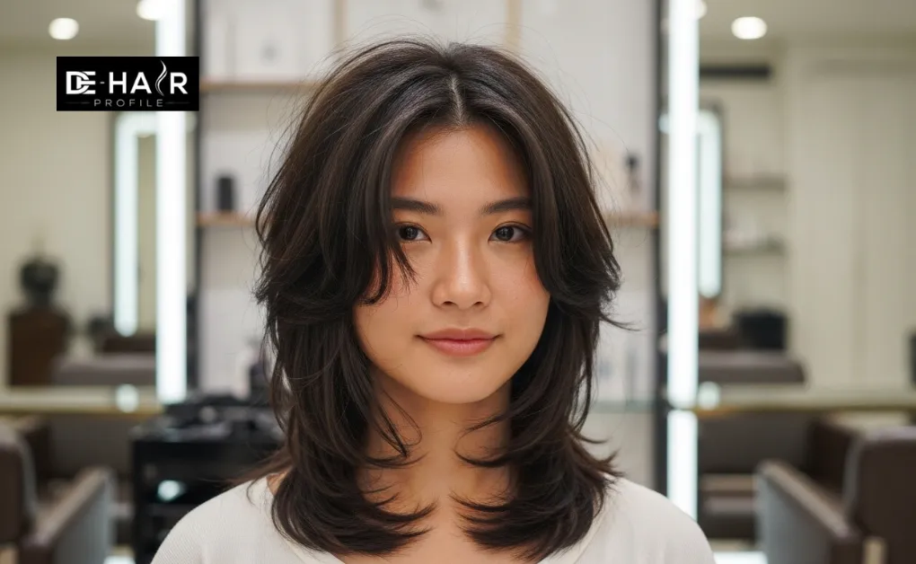 A trendy shoulder-length shag cut with curtain fringe, one of the best mid-length and shoulder-length hairstyles for adding volume