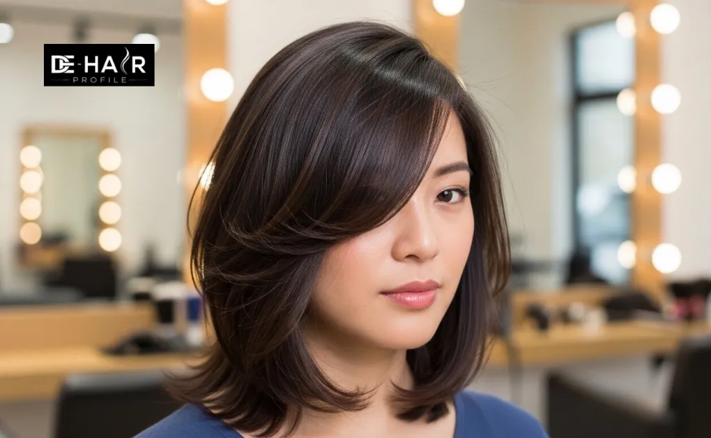 A deep side parting on shoulder-length hair with flipped-out ends, showing a versatile update for hairstyles.